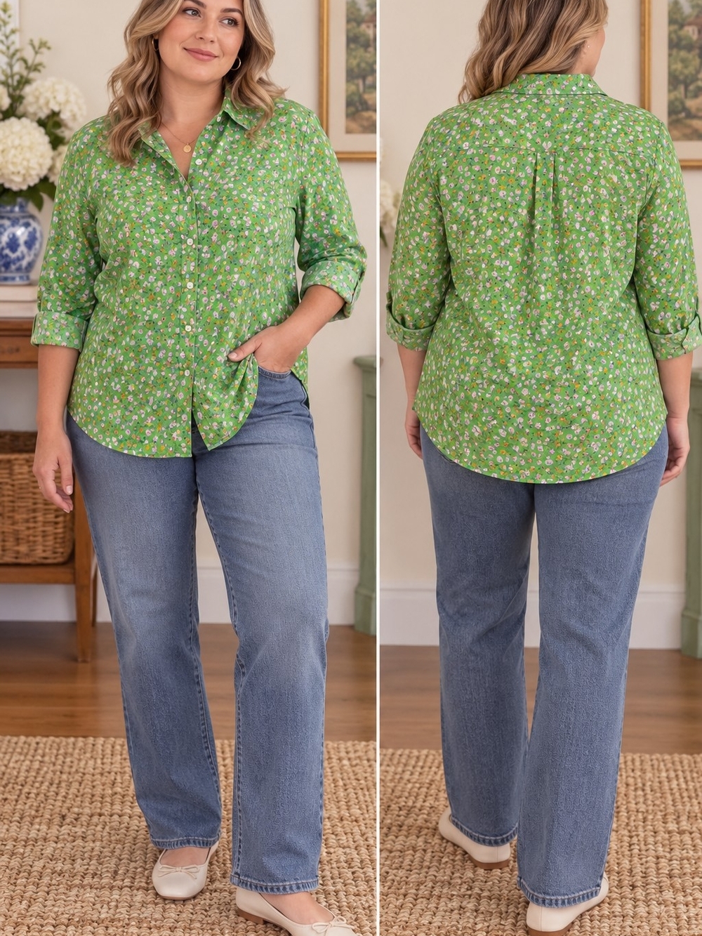 Vintage Ralph Lauren Sport Ditsy Floral Top Green Pink Sz 14